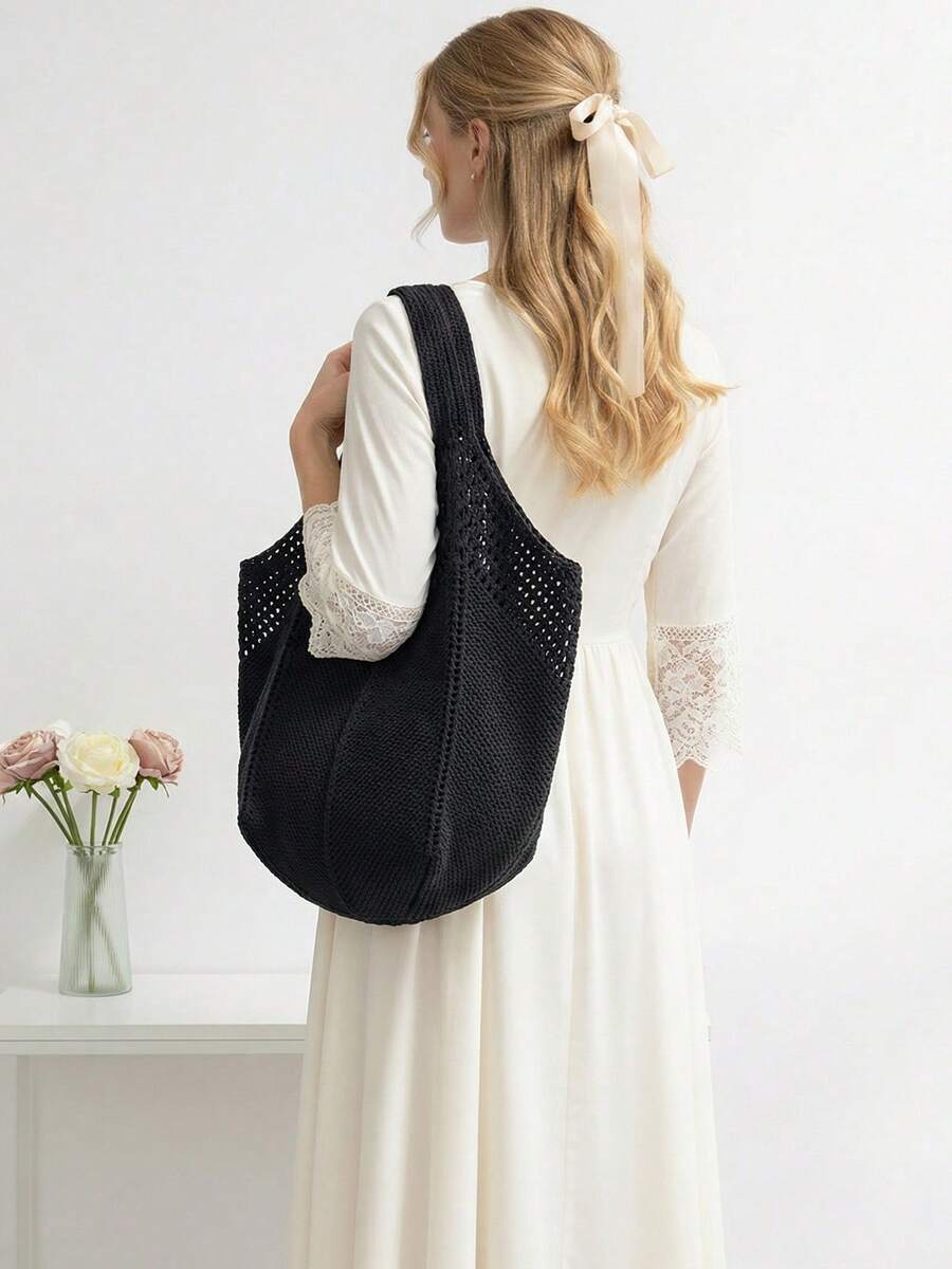 Women's Casual Hollow Out Tote Bag Solid Color Crochet Handbag Lightweight Shoulder Bag For Daily Use And Vacation