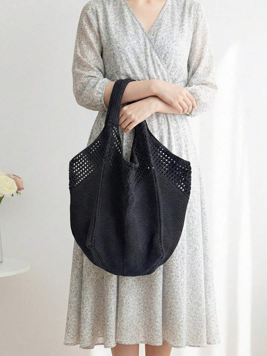 Women's Casual Hollow Out Tote Bag Solid Color Crochet Handbag Lightweight Shoulder Bag For Daily Use And Vacation