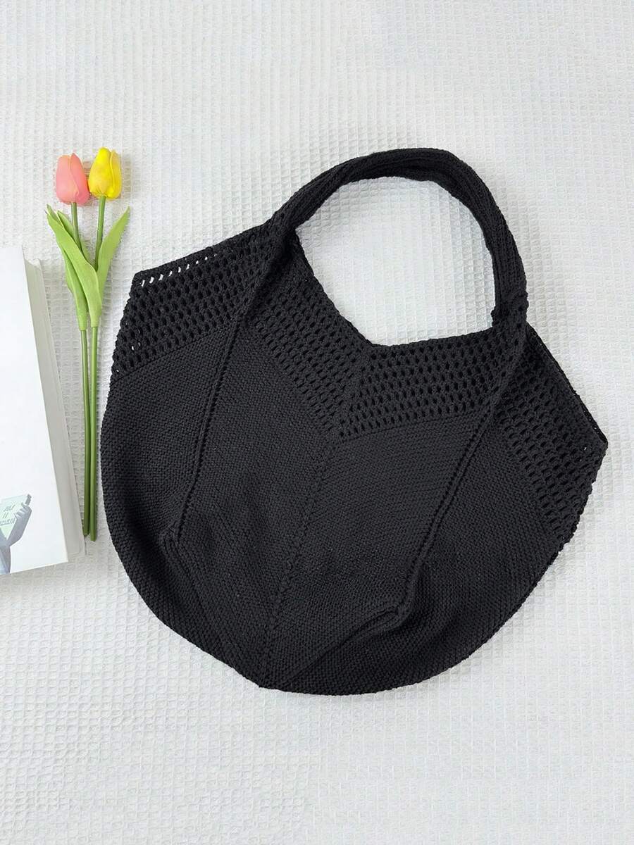 Women's Casual Hollow Out Tote Bag Solid Color Crochet Handbag Lightweight Shoulder Bag For Daily Use And Vacation