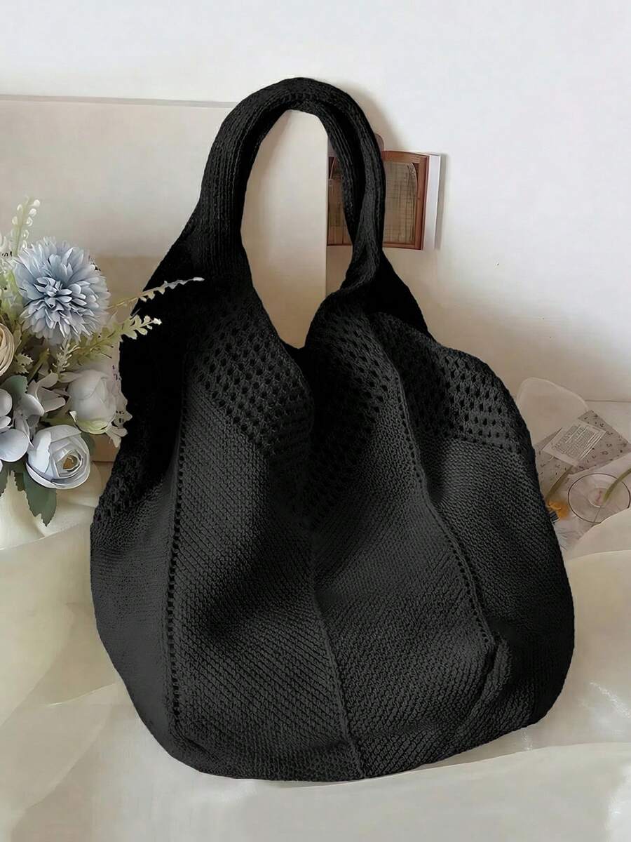 Women's Casual Hollow Out Tote Bag Solid Color Crochet Handbag Lightweight Shoulder Bag For Daily Use And Vacation