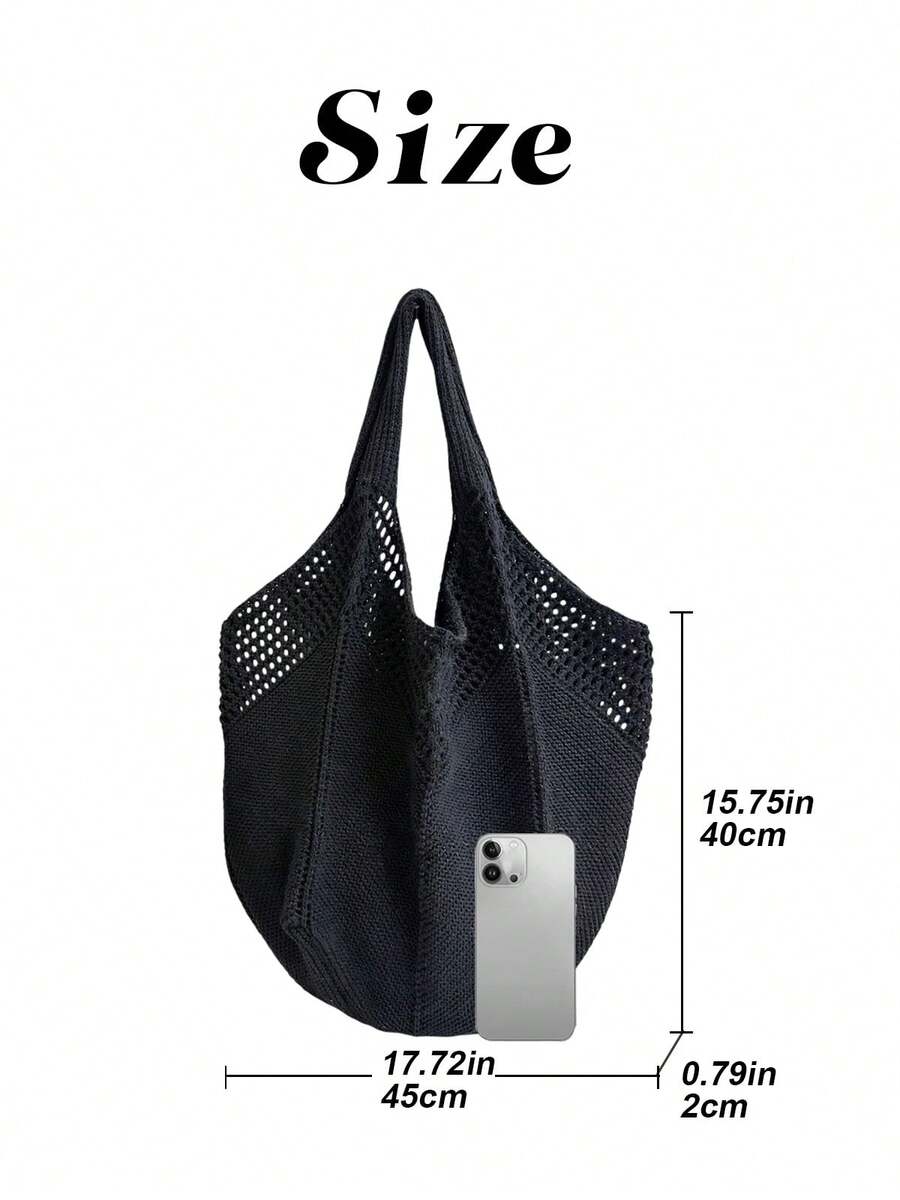 Women's Casual Hollow Out Tote Bag Solid Color Crochet Handbag Lightweight Shoulder Bag For Daily Use And Vacation