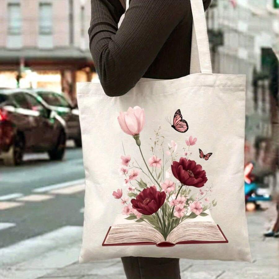 Unisex Canvas Tote Bag| Floral Book Design, I For Commuting, Travel, And Daily Use, Available In Black And White, Perfect For Book Lovers And Nature Enthusiasts