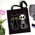 Tote Bag With Cat And Skeleton Print For Halloween Party- Cute Animal Design Sho