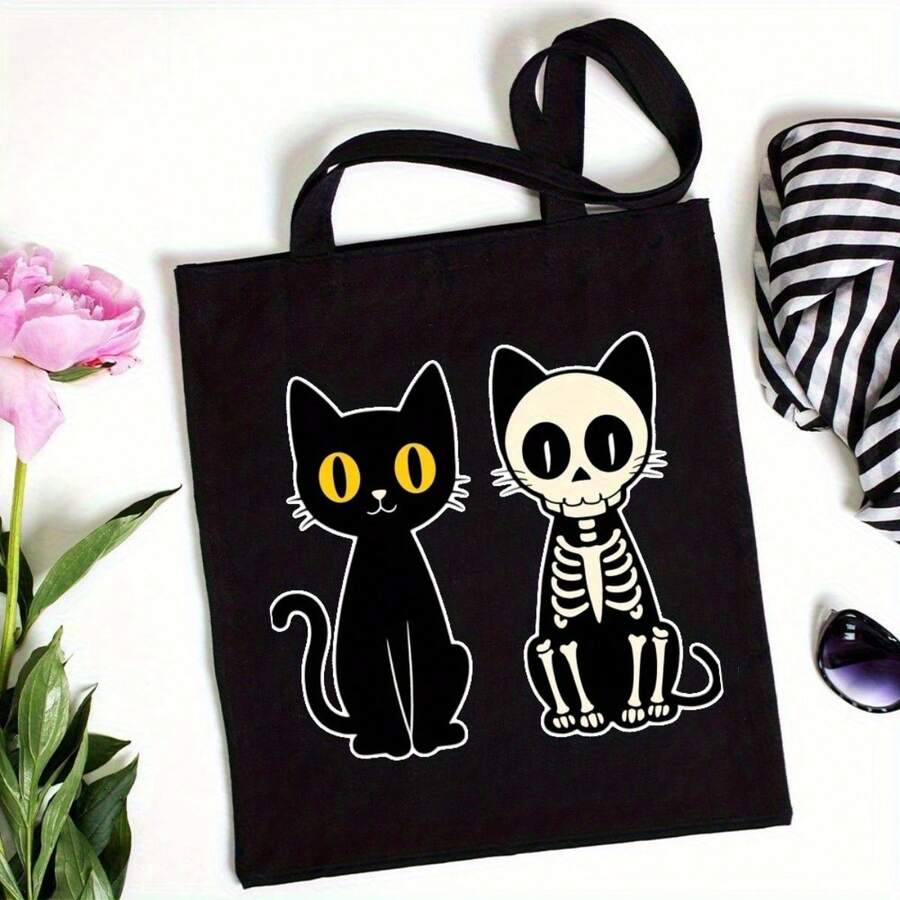 Tote Bag With Cat And Skeleton Print For Halloween Party- Cute Animal Design Shopping Bag For Daily Use- Large Capacity Reusable Handbag For Women Men- Perfect For Grocery Travel School Office- St