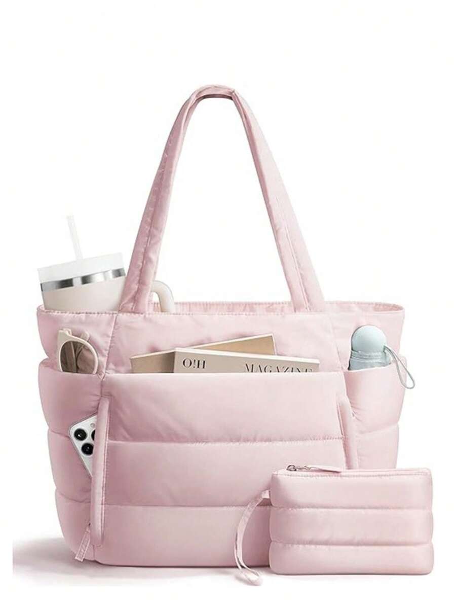 1pc Women's Solid Color Zipper Decor Shoulder Bag, Large Capacity Zipper Opening Tote Bag With Compartments