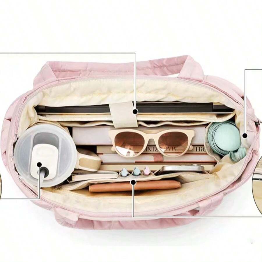 1pc Women's Solid Color Zipper Decor Shoulder Bag, Large Capacity Zipper Opening Tote Bag With Compartments