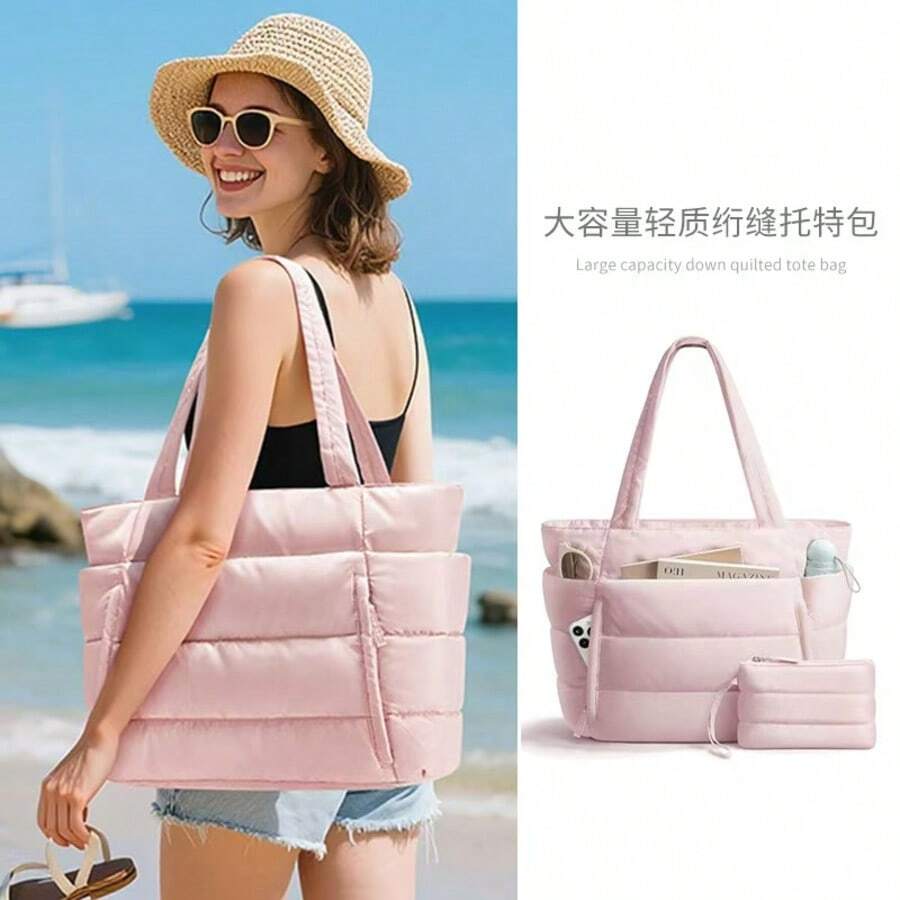 1pc Women's Solid Color Zipper Decor Shoulder Bag, Large Capacity Zipper Opening Tote Bag With Compartments