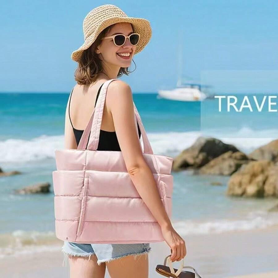 1pc Women's Solid Color Zipper Decor Shoulder Bag, Large Capacity Zipper Opening Tote Bag With Compartments