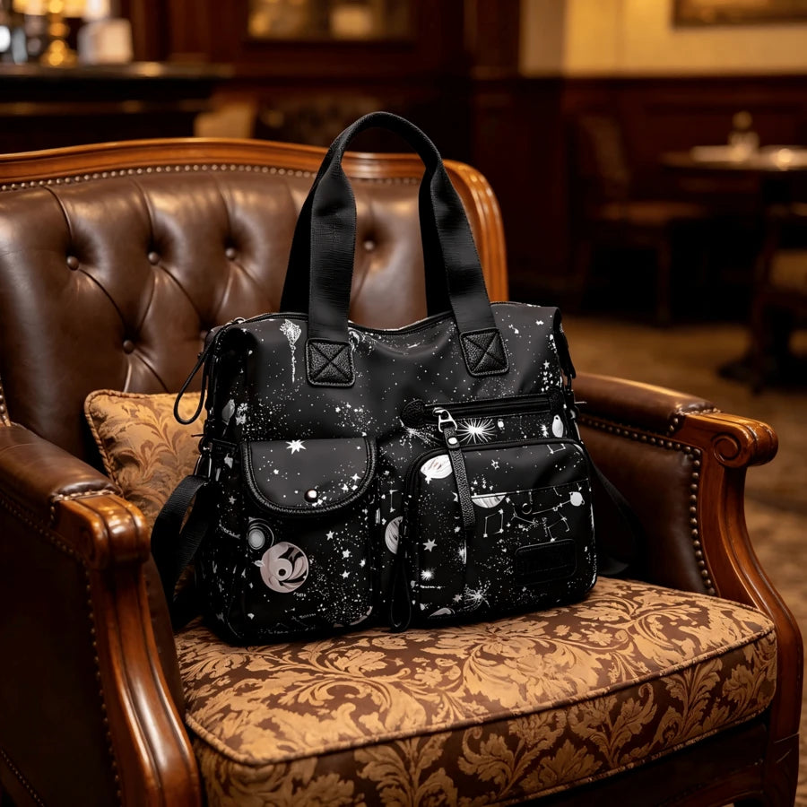 Ladies' Starry Sky Printed Tote Bag, Casual Nylon Shoulder Bag, Multi Pocket Travel Crossbody Bag Novel Galaxy Suitable For Birthday Gifts, Mother's Day Gifts, And Daily Work