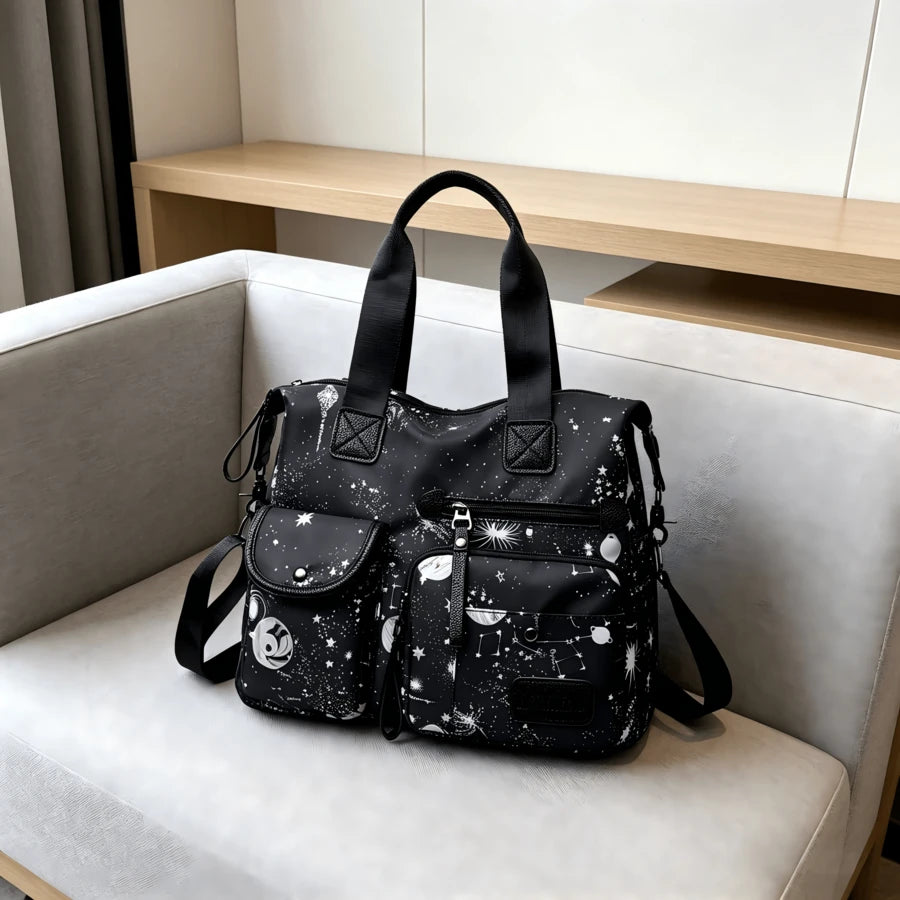 Ladies' Starry Sky Printed Tote Bag, Casual Nylon Shoulder Bag, Multi Pocket Travel Crossbody Bag Novel Galaxy Suitable For Birthday Gifts, Mother's Day Gifts, And Daily Work