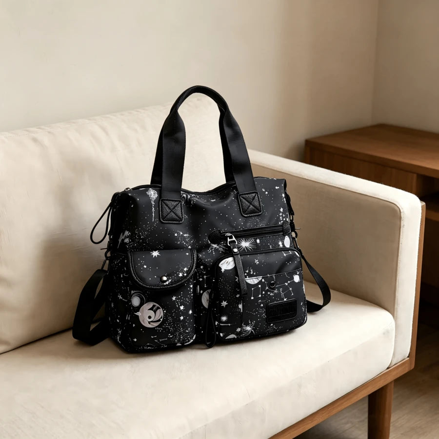 Ladies' Starry Sky Printed Tote Bag, Casual Nylon Shoulder Bag, Multi Pocket Travel Crossbody Bag Novel Galaxy Suitable For Birthday Gifts, Mother's Day Gifts, And Daily Work