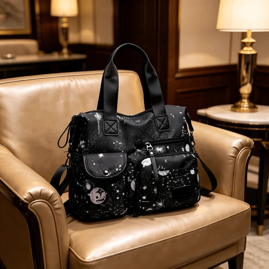 Ladies' Starry Sky Printed Tote Bag, Casual Nylon Shoulder Bag, Multi Pocket Travel Crossbody Bag Novel Galaxy Suitable For Birthday Gifts, Mother's Day Gifts, And Daily Work