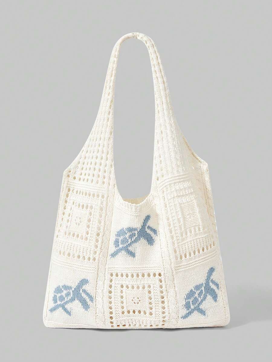 ROMWE Kawaii Women's Summer Beach Tote Bag- Crochet Design With Sea Turtle Pattern, Large Capacity Open-Top Tote, Beige Polyester, Suitable For Casual Outings And Coastal Vacations, Beach Tote Bag, T
