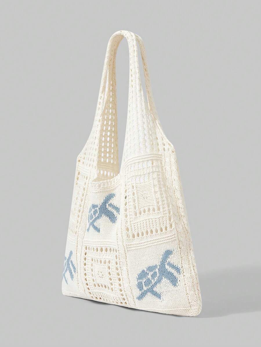 ROMWE Kawaii Women's Summer Beach Tote Bag- Crochet Design With Sea Turtle Pattern, Large Capacity Open-Top Tote, Beige Polyester, Suitable For Casual Outings And Coastal Vacations, Beach Tote Bag, T