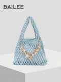 BAILEE Fashionable Casual Multi-Color Hand-Woven Tote Bag, PU Base, Ocean Theme Decoration, Suitable For Beach Wear And Gifting