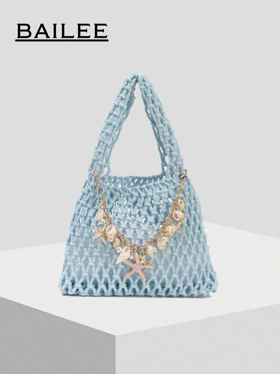 BAILEE Fashionable Casual Multi-Color Hand-Woven Tote Bag, PU Base, Ocean Theme Decoration, Suitable For Beach Wear And Gifting