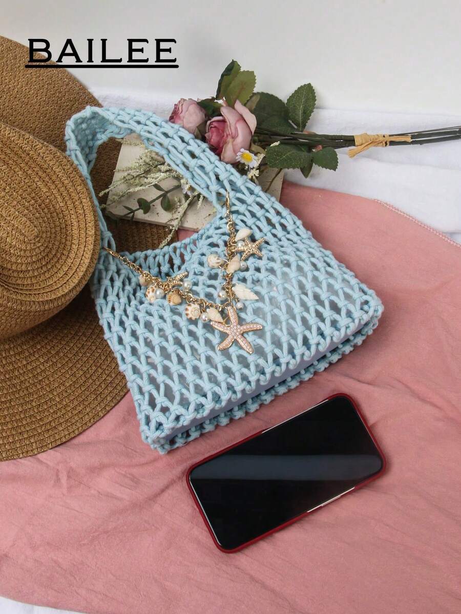 BAILEE Fashionable Casual Multi-Color Hand-Woven Tote Bag, PU Base, Ocean Theme Decoration, Suitable For Beach Wear And Gifting