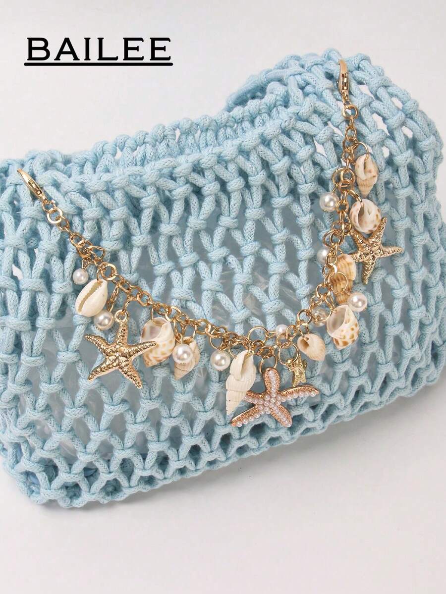 BAILEE Fashionable Casual Multi-Color Hand-Woven Tote Bag, PU Base, Ocean Theme Decoration, Suitable For Beach Wear And Gifting
