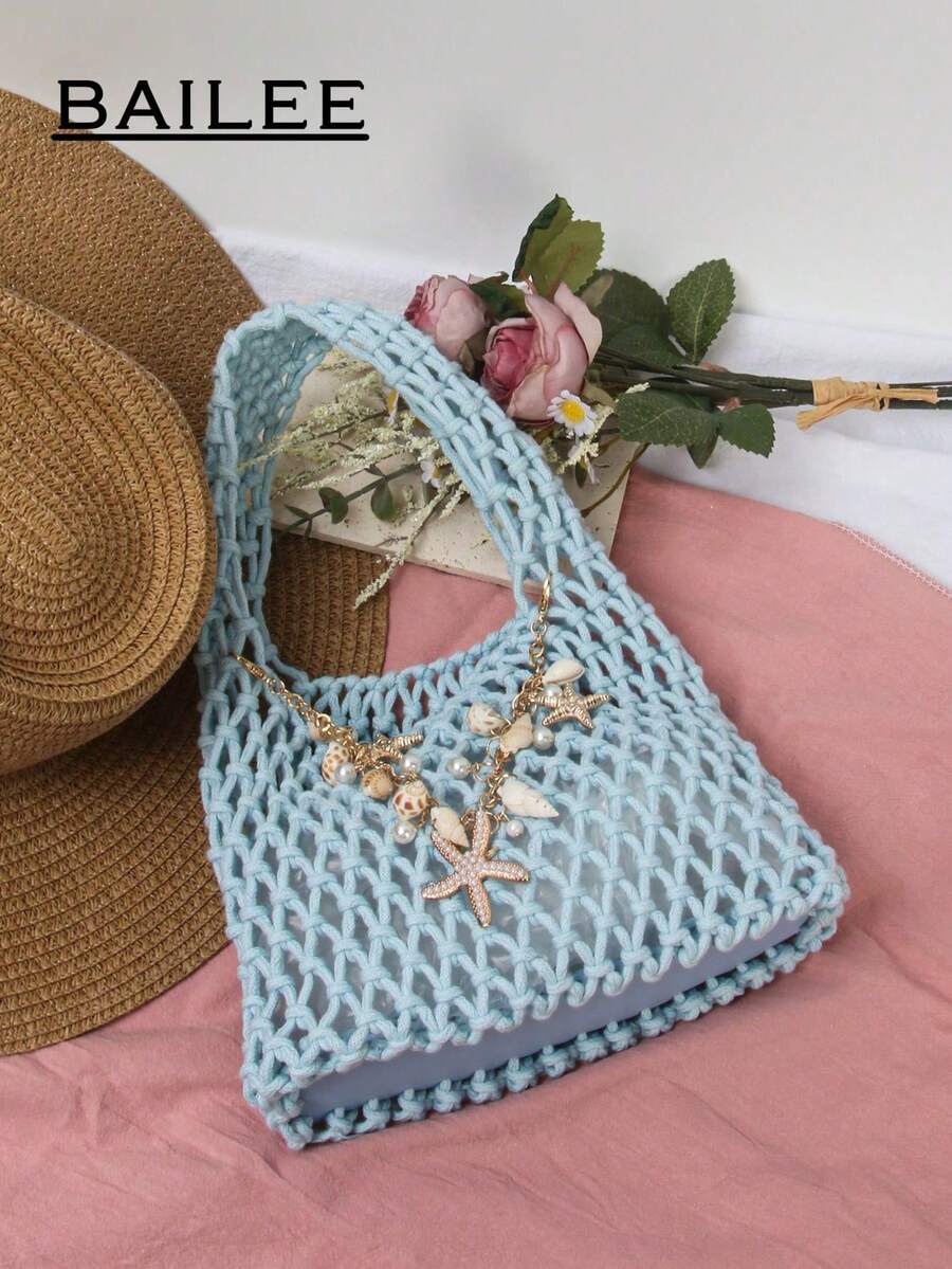 BAILEE Fashionable Casual Multi-Color Hand-Woven Tote Bag, PU Base, Ocean Theme Decoration, Suitable For Beach Wear And Gifting