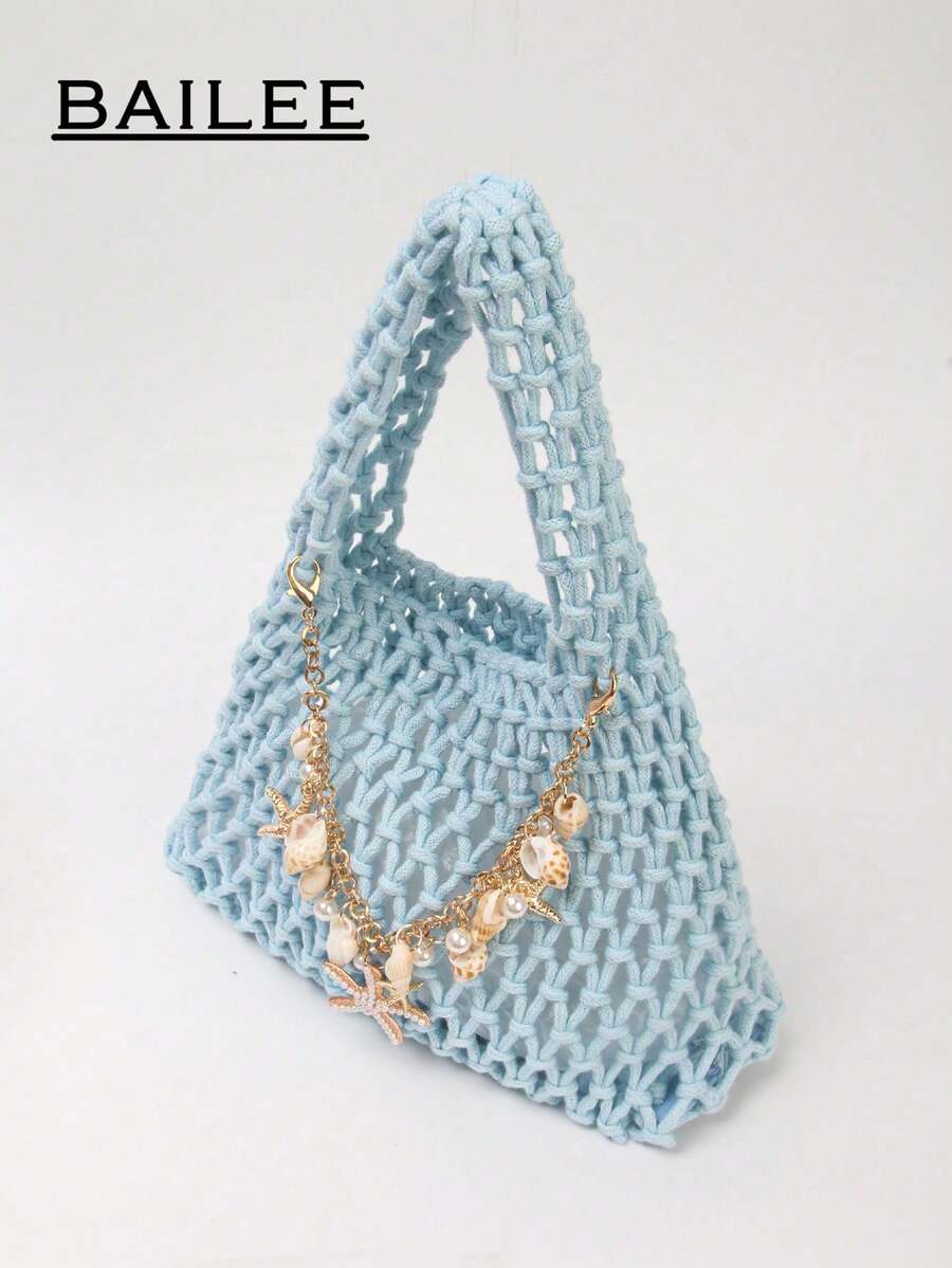 BAILEE Fashionable Casual Multi-Color Hand-Woven Tote Bag, PU Base, Ocean Theme Decoration, Suitable For Beach Wear And Gifting