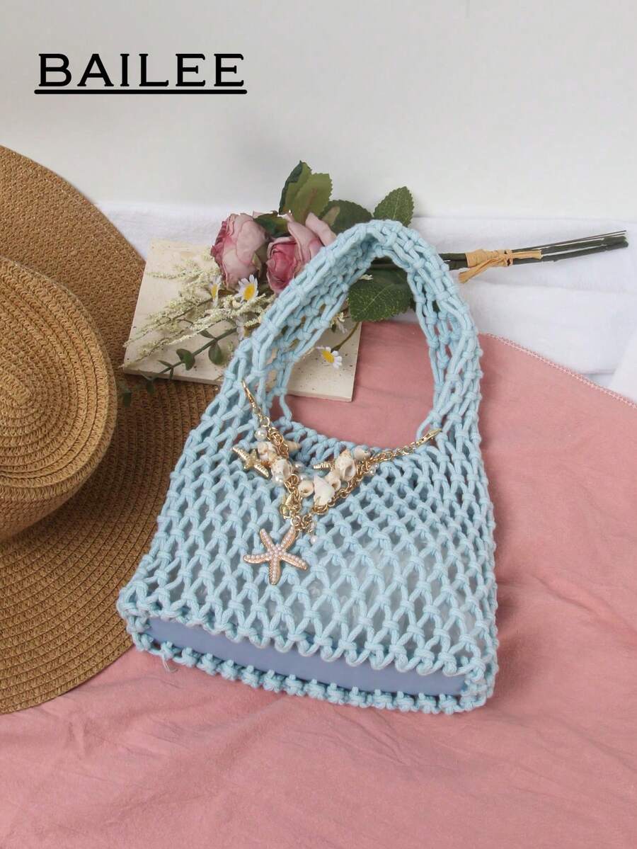 BAILEE Fashionable Casual Multi-Color Hand-Woven Tote Bag, PU Base, Ocean Theme Decoration, Suitable For Beach Wear And Gifting