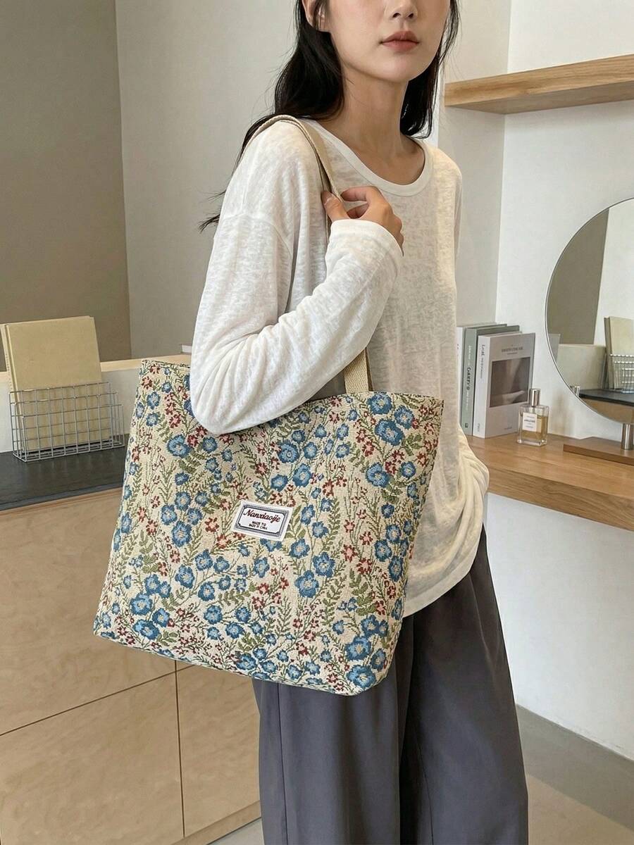 Women's 1/2/3 Pack Stylish Floral Print Tote Bag Large Capacity Canvas Shoulder Bag Vintage Handbag With Zipper Closure For Office And Mom Gift