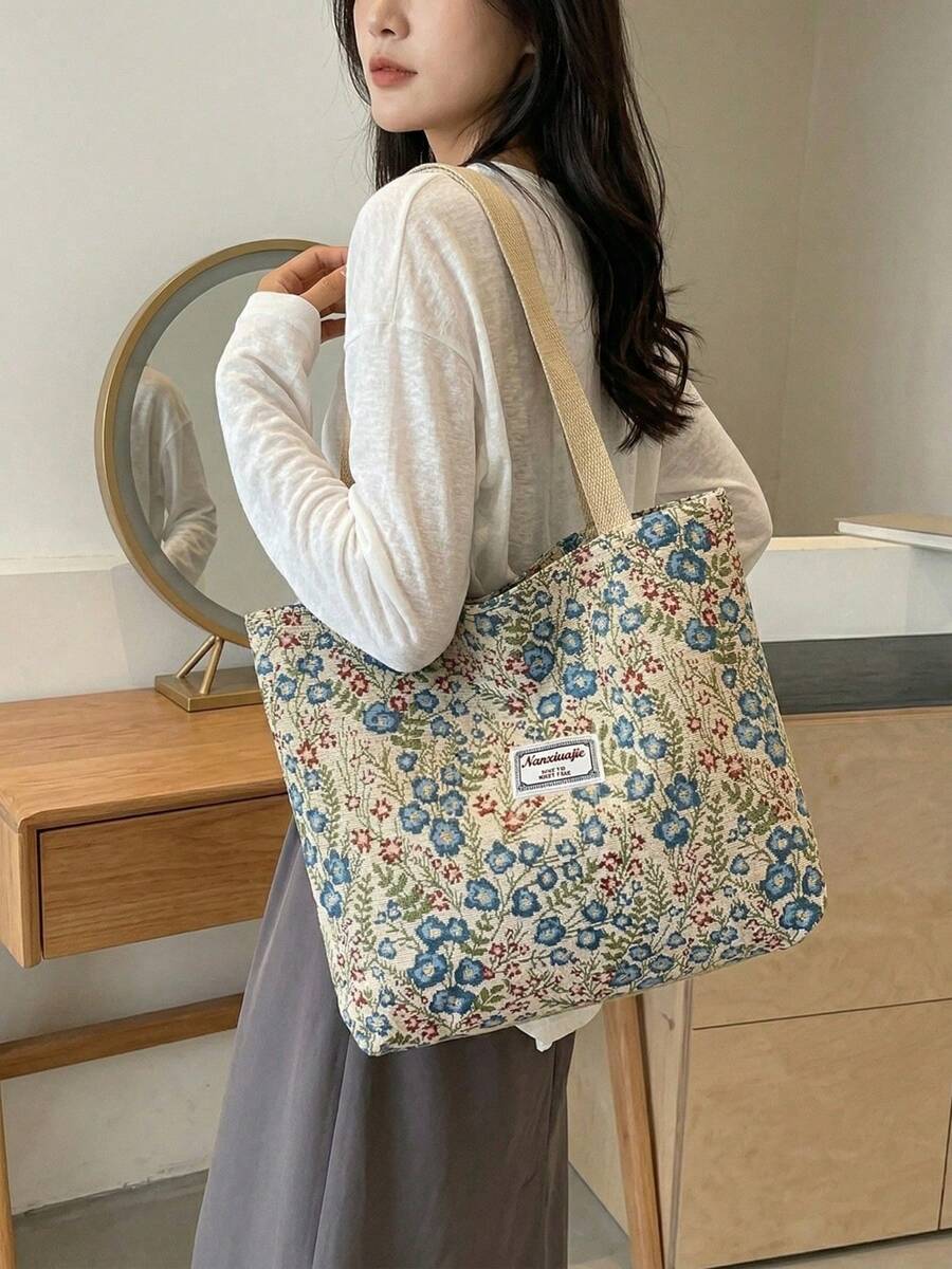 Women's 1/2/3 Pack Stylish Floral Print Tote Bag Large Capacity Canvas Shoulder Bag Vintage Handbag With Zipper Closure For Office And Mom Gift