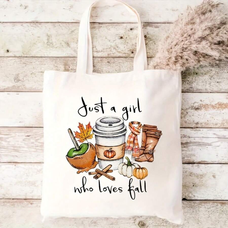 Autumn-Themed Lightweight Canvas Tote Bag – Reusable Casual Shopping Bag With Fixed Straps, Hand Washable, Fall Elements Design (Pumpkins, Apples, Cinnamon Sticks) For Daily Commute, White, Seasonal