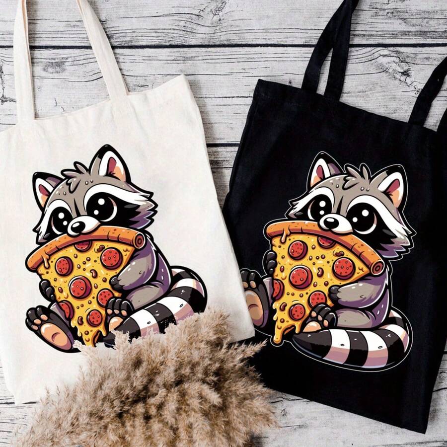 Cute Raccoon Tote Bag, Perfect Gift For Female Friends, Birthdays, Featuring A Raccoon Pepperoni Pizza Design. This Spacious And Stylish Bag Is Durable, Making It Great For Outdoor Picnics, Parties, T