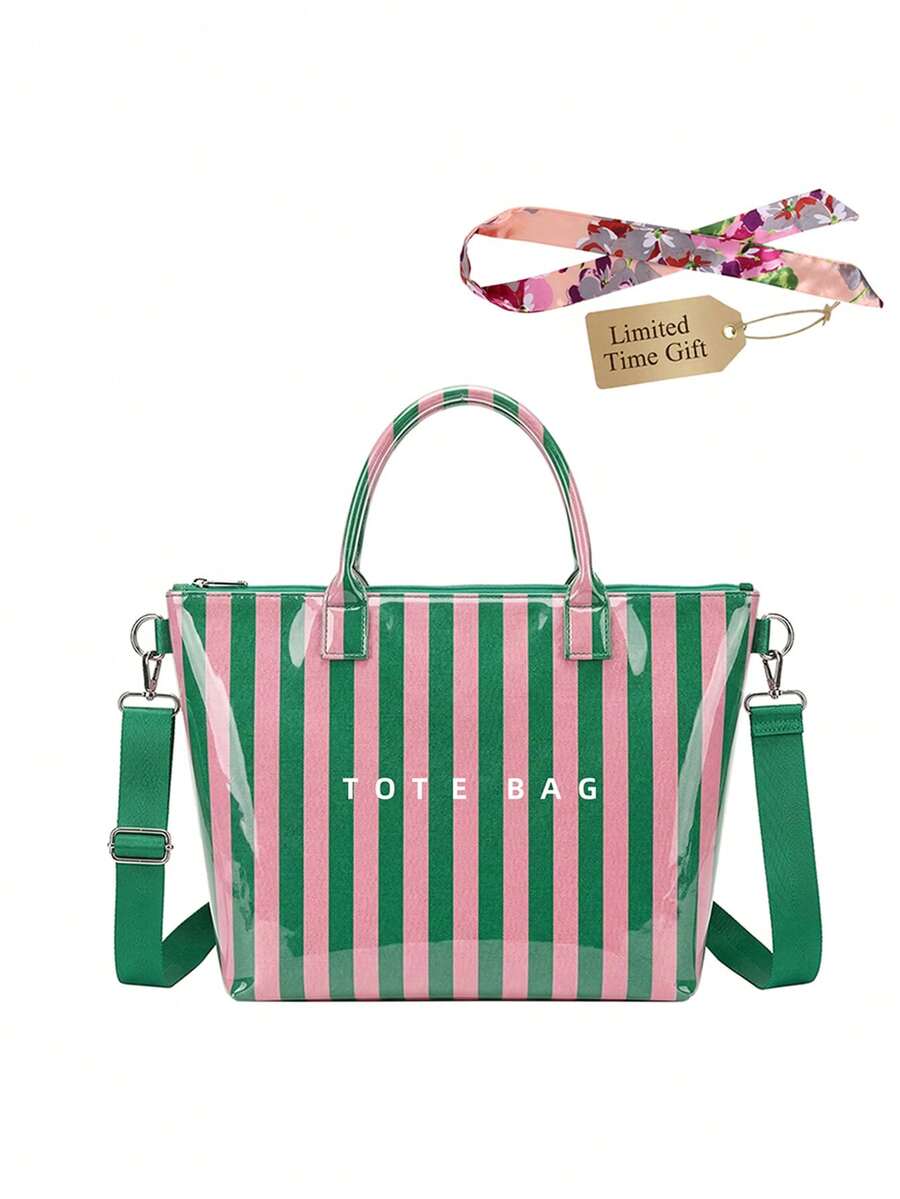 Women Striped PVC Tote Bag- Waterproof Glossy Shoulder Handbag With Adjustable Crossbody Strap & Top Zipper Closure For Travel, Beach, And Daily Use