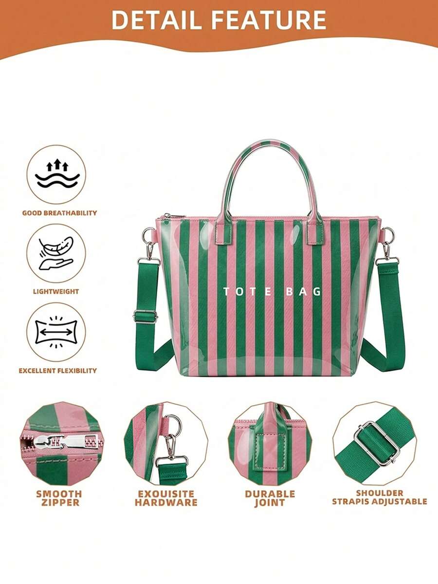 Women Striped PVC Tote Bag- Waterproof Glossy Shoulder Handbag With Adjustable Crossbody Strap & Top Zipper Closure For Travel, Beach, And Daily Use