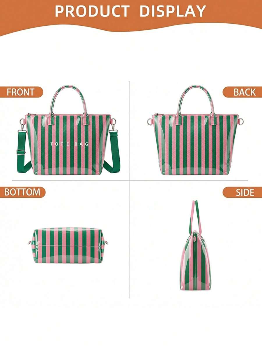 Women Striped PVC Tote Bag- Waterproof Glossy Shoulder Handbag With Adjustable Crossbody Strap & Top Zipper Closure For Travel, Beach, And Daily Use