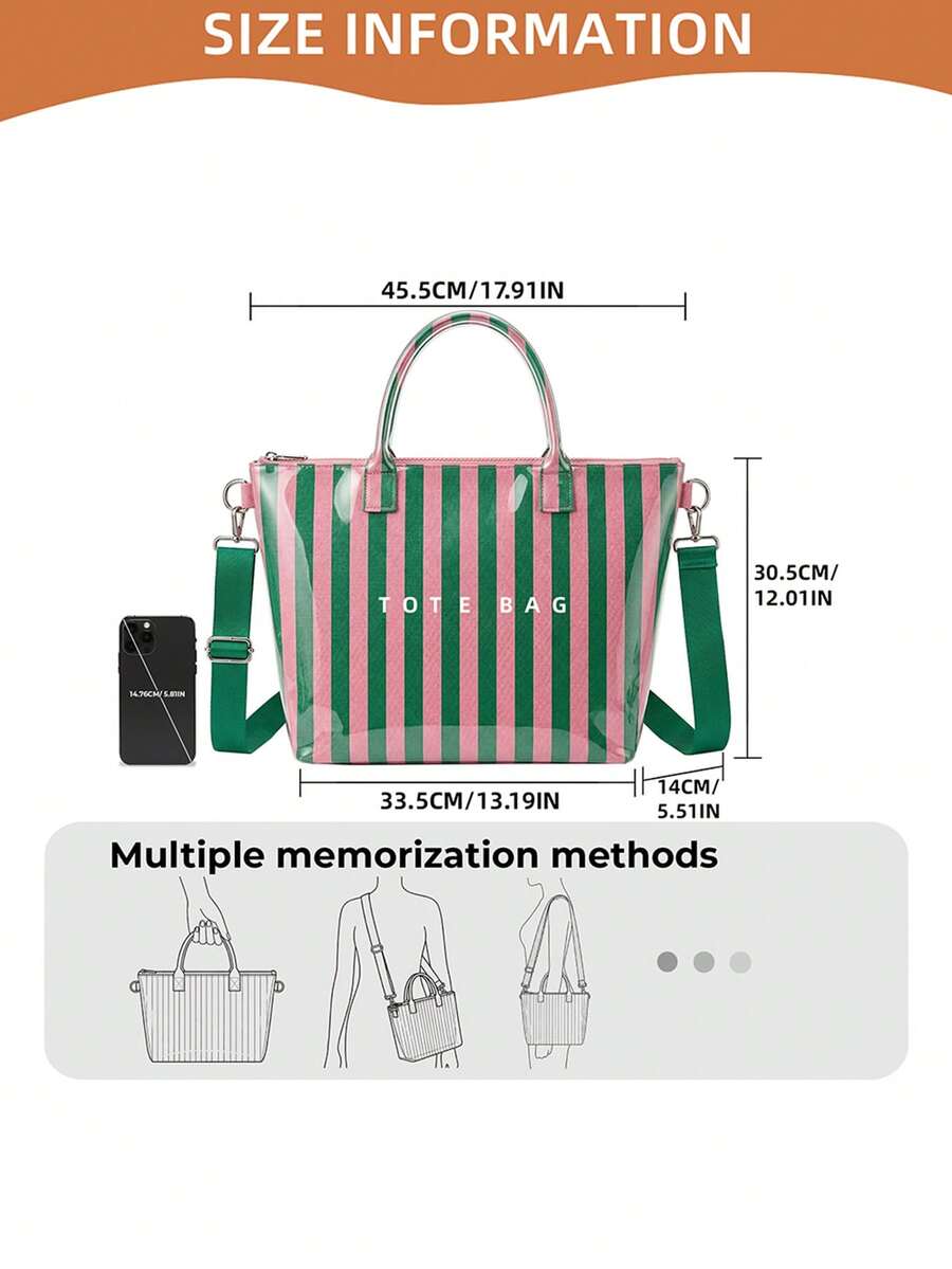 Women Striped PVC Tote Bag- Waterproof Glossy Shoulder Handbag With Adjustable Crossbody Strap & Top Zipper Closure For Travel, Beach, And Daily Use