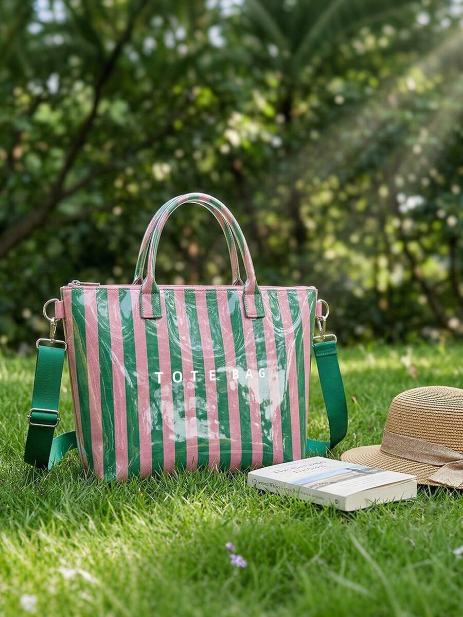 Women Striped PVC Tote Bag- Waterproof Glossy Shoulder Handbag With Adjustable Crossbody Strap & Top Zipper Closure For Travel, Beach, And Daily Use