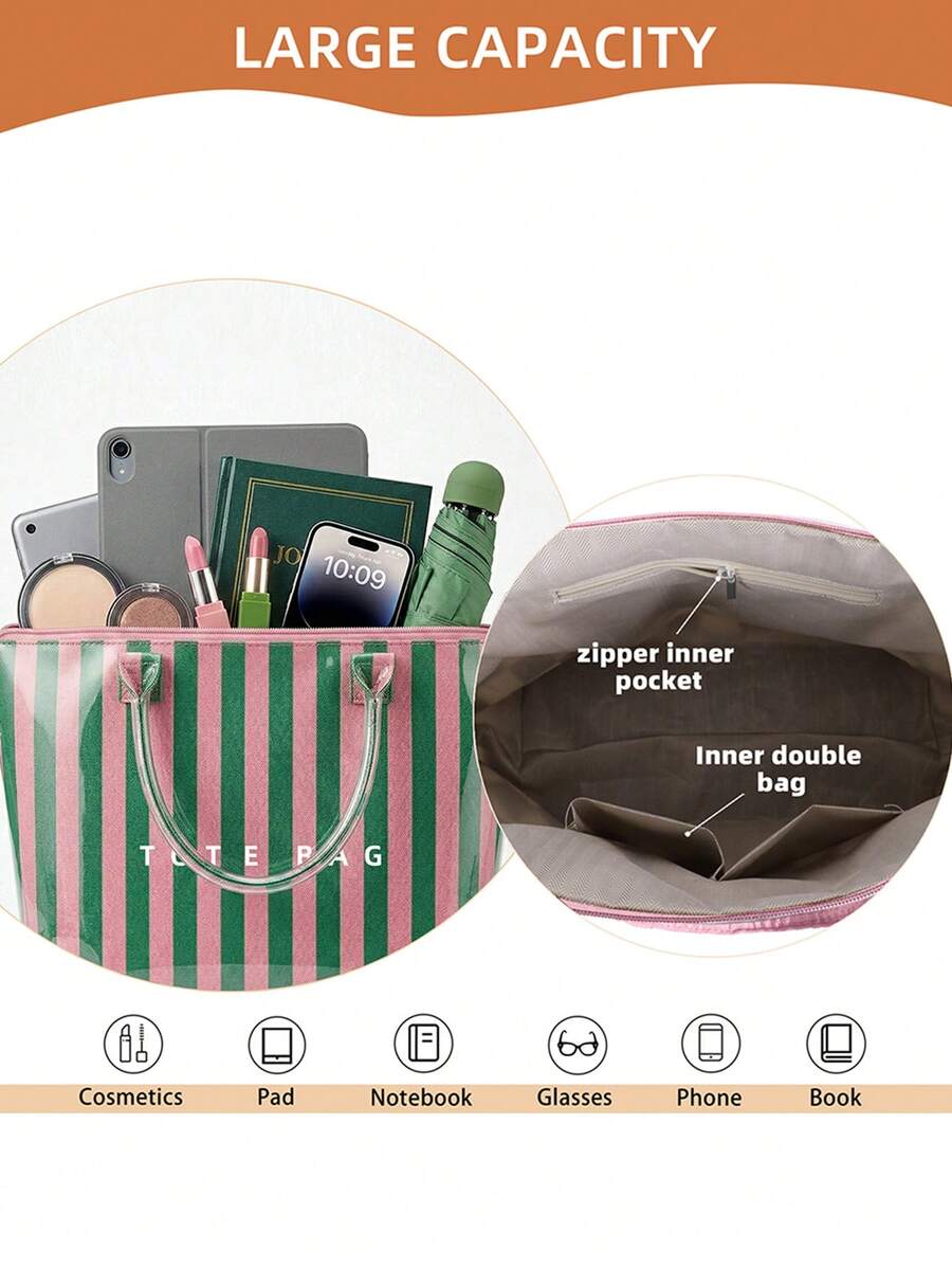 Women Striped PVC Tote Bag- Waterproof Glossy Shoulder Handbag With Adjustable Crossbody Strap & Top Zipper Closure For Travel, Beach, And Daily Use