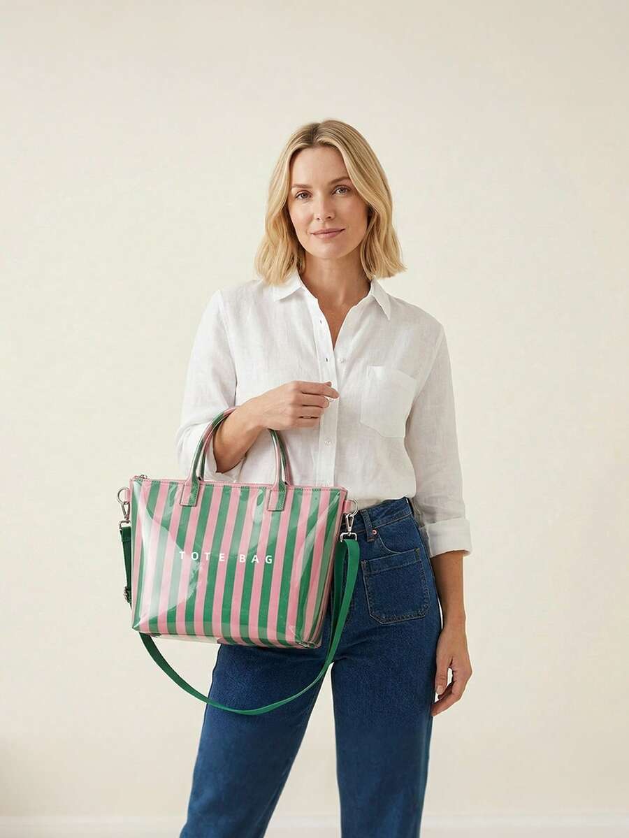 Women Striped PVC Tote Bag- Waterproof Glossy Shoulder Handbag With Adjustable Crossbody Strap & Top Zipper Closure For Travel, Beach, And Daily Use