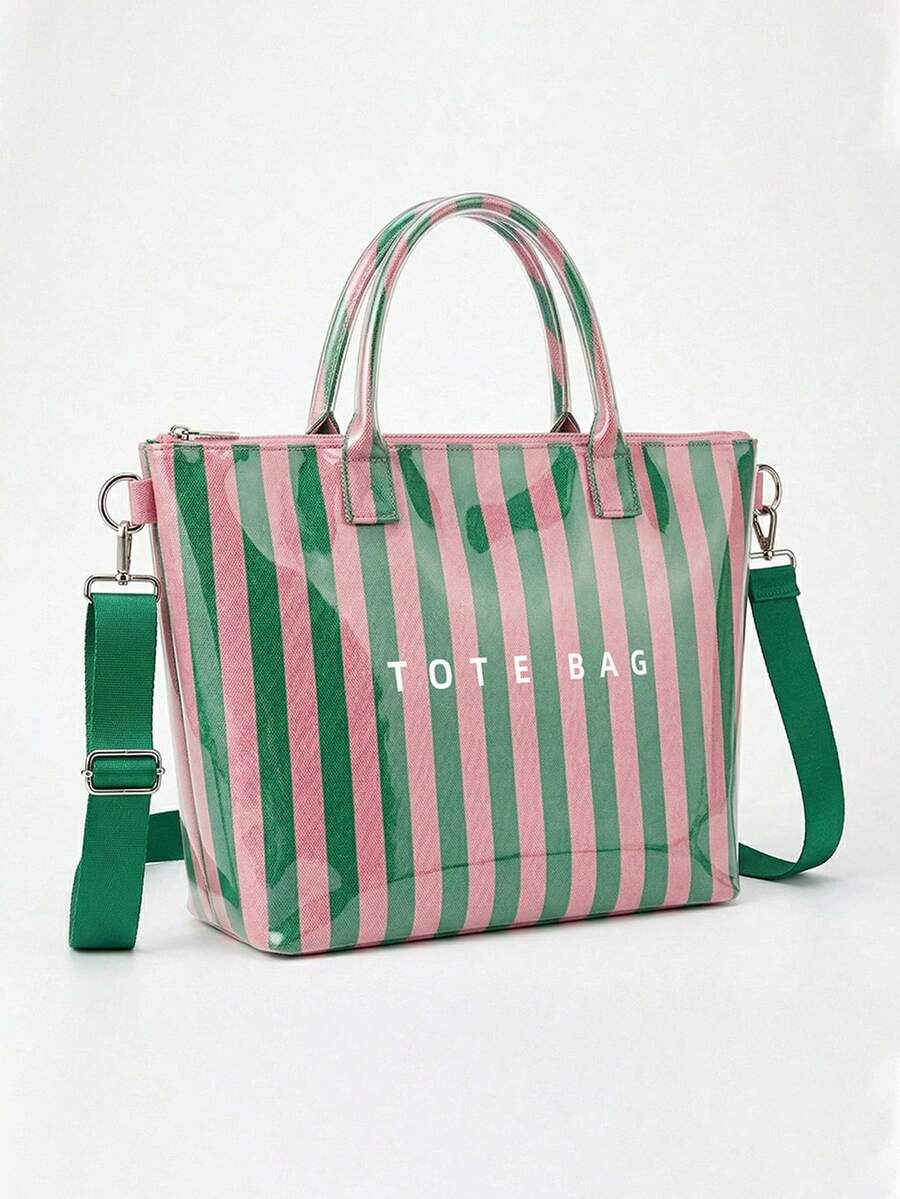 Women Striped PVC Tote Bag- Waterproof Glossy Shoulder Handbag With Adjustable Crossbody Strap & Top Zipper Closure For Travel, Beach, And Daily Use