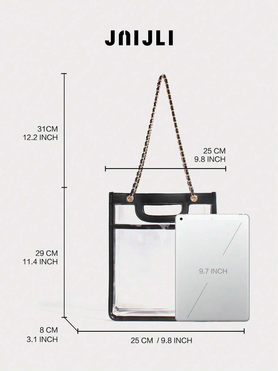 JNI JLI Clear Transparent Tote Bag With Black Faux Leather Trim & Gold Chain Strap, Stadium Approved Handbag, Casual Daily Use Shoulder Bag
