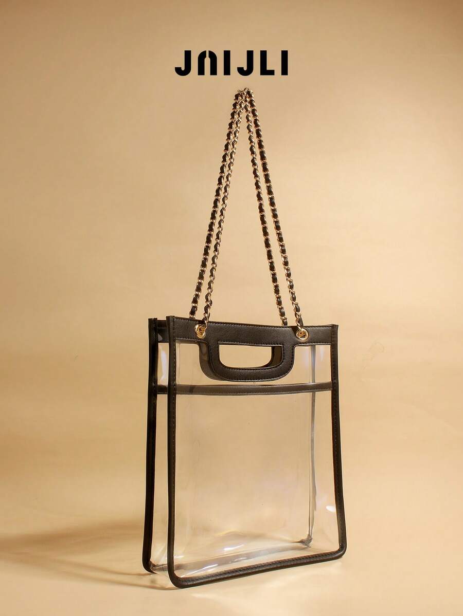 JNI JLI Clear Transparent Tote Bag With Black Faux Leather Trim & Gold Chain Strap, Stadium Approved Handbag, Casual Daily Use Shoulder Bag