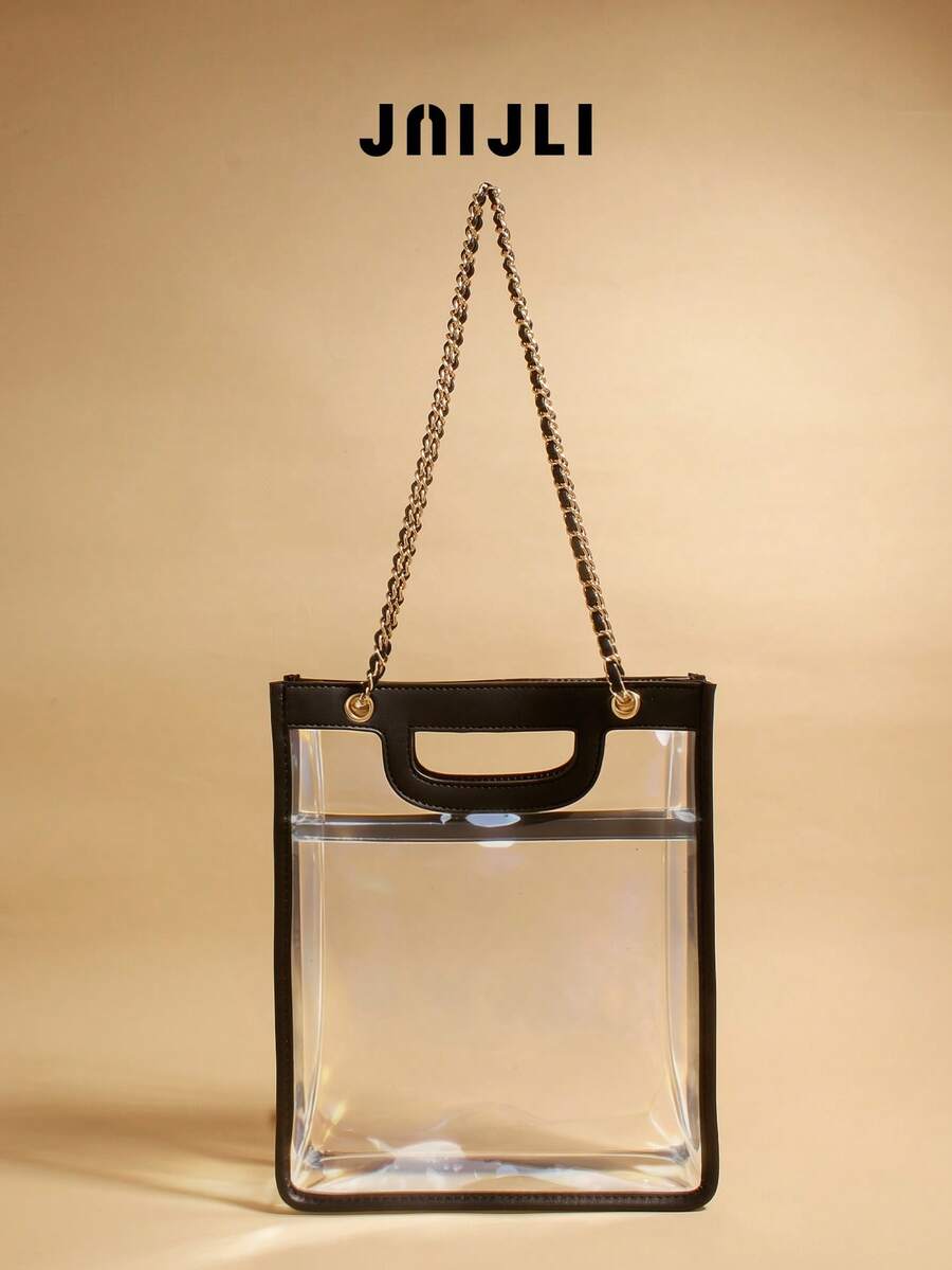 JNI JLI Clear Transparent Tote Bag With Black Faux Leather Trim & Gold Chain Strap, Stadium Approved Handbag, Casual Daily Use Shoulder Bag