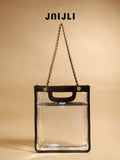 JNI JLI Clear Transparent Tote Bag With Black Faux Leather Trim & Gold Chain Strap, Stadium Approved Handbag, Casual Daily Use Shoulder Bag