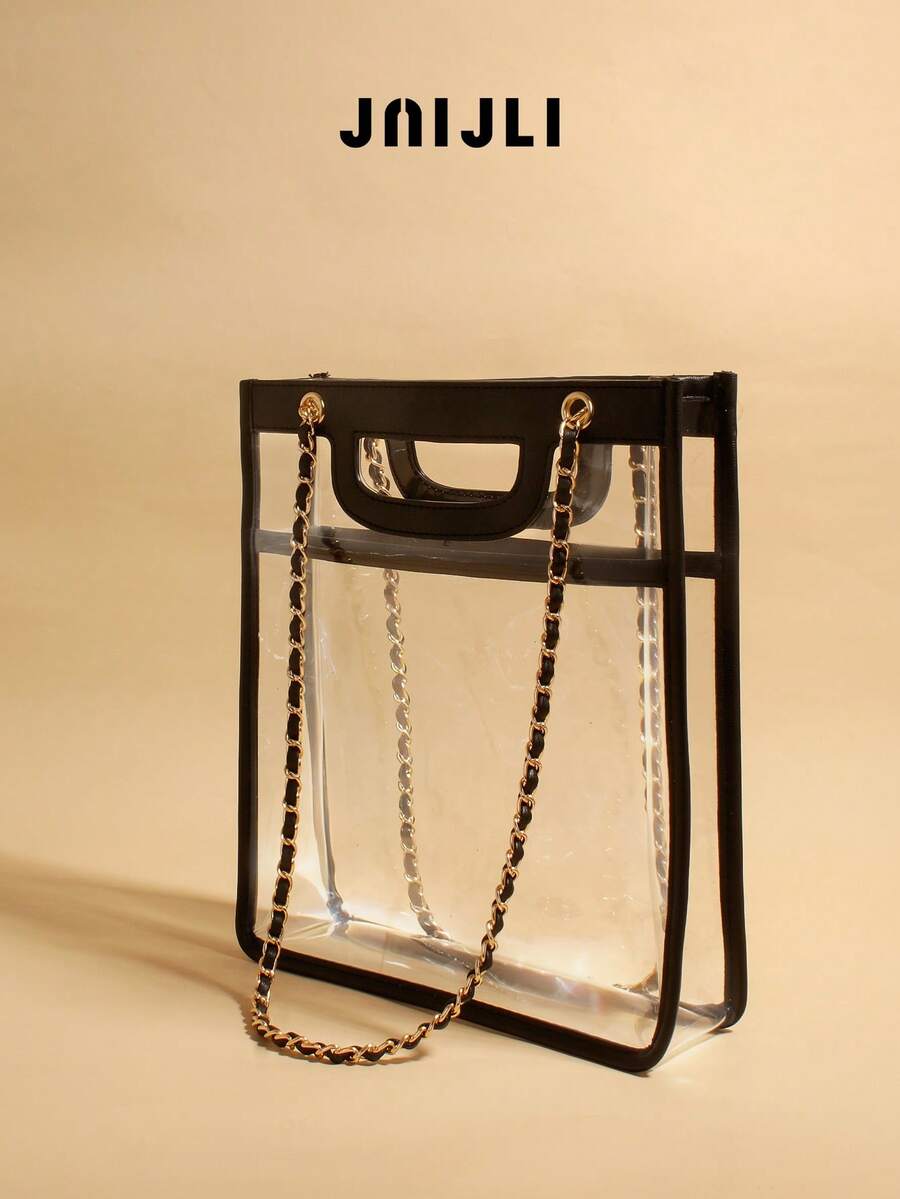 JNI JLI Clear Transparent Tote Bag With Black Faux Leather Trim & Gold Chain Strap, Stadium Approved Handbag, Casual Daily Use Shoulder Bag