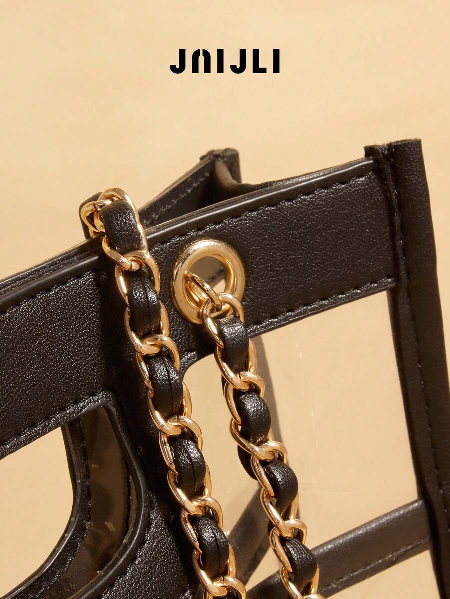 JNI JLI Clear Transparent Tote Bag With Black Faux Leather Trim & Gold Chain Strap, Stadium Approved Handbag, Casual Daily Use Shoulder Bag