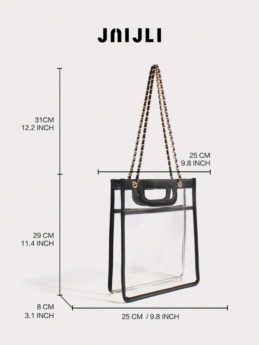 JNI JLI Clear Transparent Tote Bag With Black Faux Leather Trim & Gold Chain Strap, Stadium Approved Handbag, Casual Daily Use Shoulder Bag