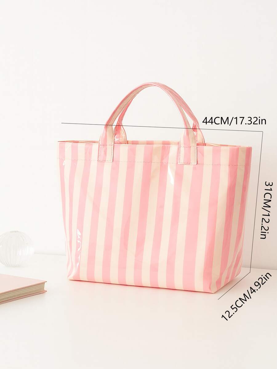 Striped PVC Coated Tote Bag, Large Capacity Travel Handbag, Suitable For Beach, Pool, Shopping, Vacation, Picnic And Daily Carry