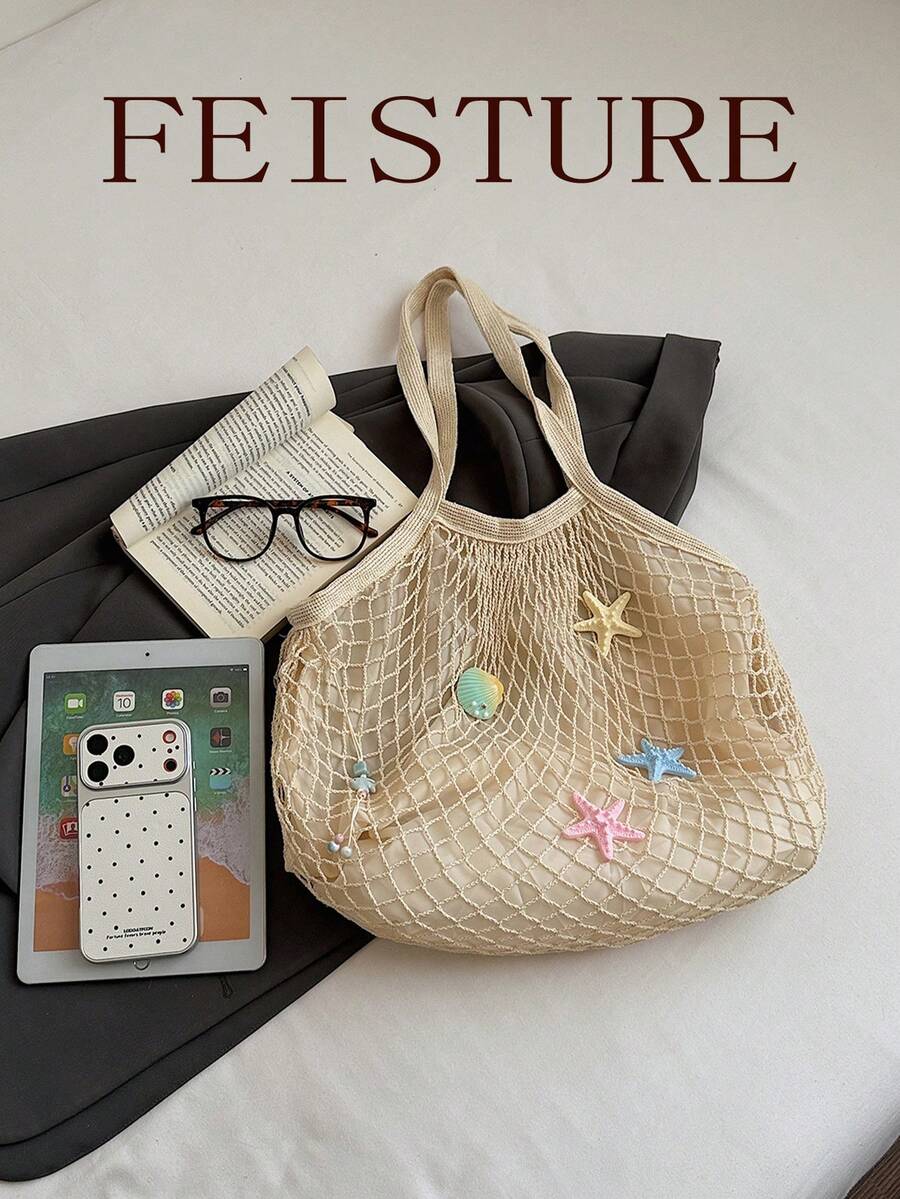 Summer Starfish & Shell Decor Mesh Tote Bag, Casual Beige Beach Shoulder Bag For Shopping & Vacation,Holiday,Straw Bag