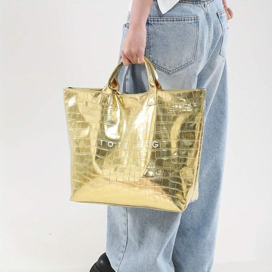 New Women's Letter-Patterned Shoulder Bag Tote, Featuring A Fixed Shoulder Strap For Easy Carrying, Large Capacity Suitable For Daily Commuting, Shopp