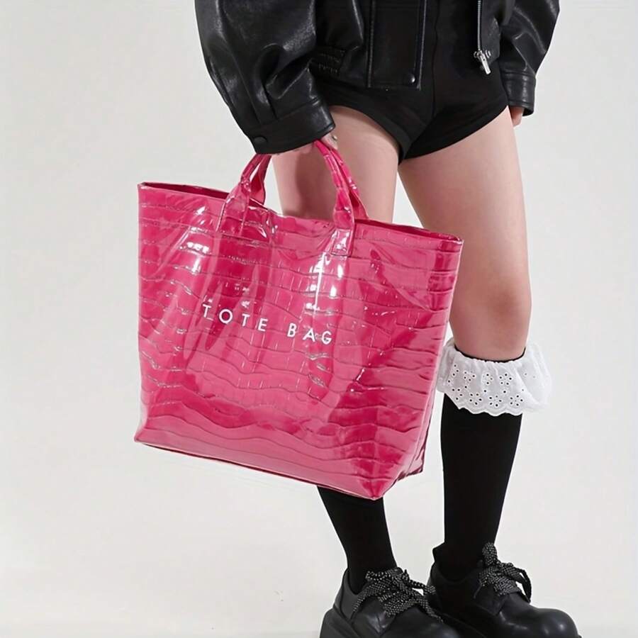 New Women's Letter-Patterned Shoulder Bag Tote, Featuring A Fixed Shoulder Strap For Easy Carrying, Large Capacity Suitable For Daily Commuting, Shopp
