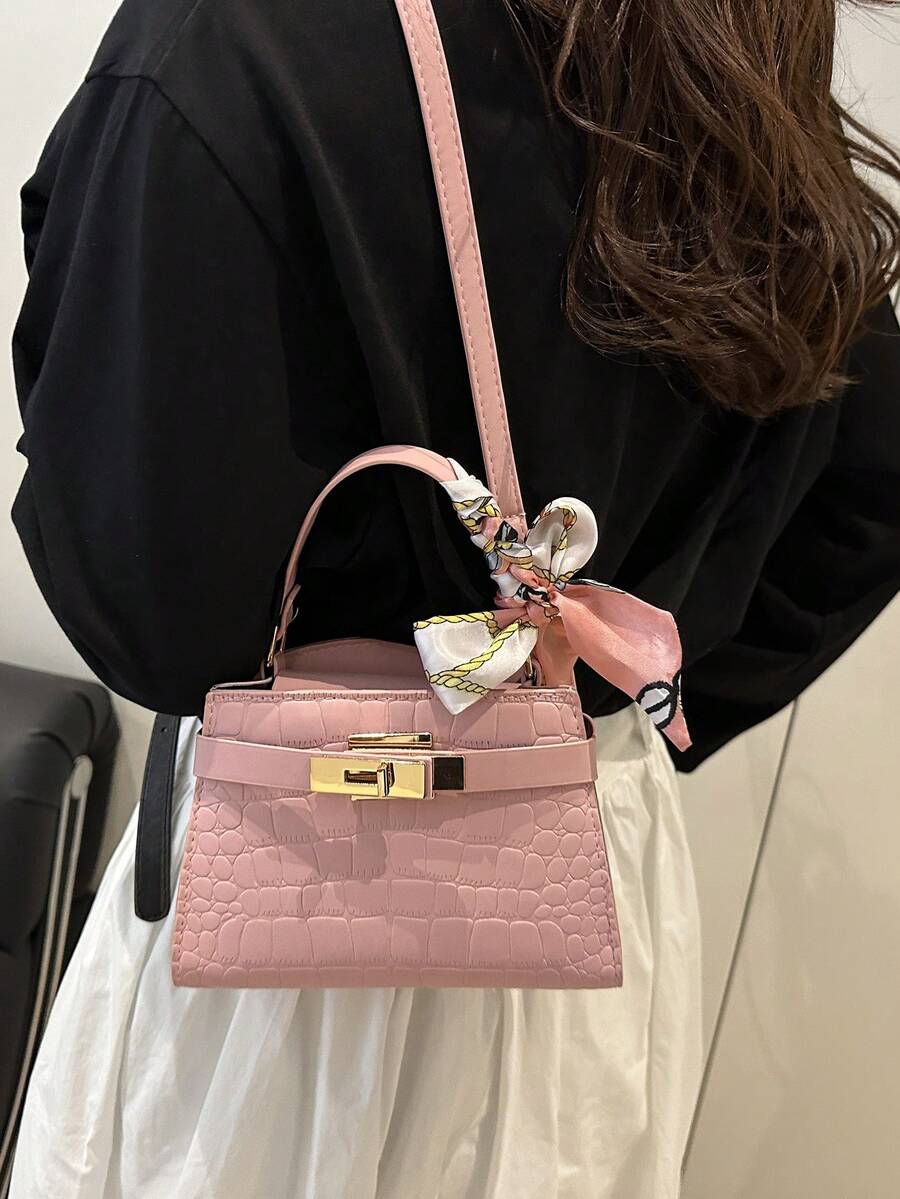 Crocodile Embossed Scarf Decor Flap Cover Handbag, Solid Color Embossed Tote Bag, Fashion Metal Lock Decor Mini Shoulder Crossbody Bag, Suitable For Home, Shopping, Commuting