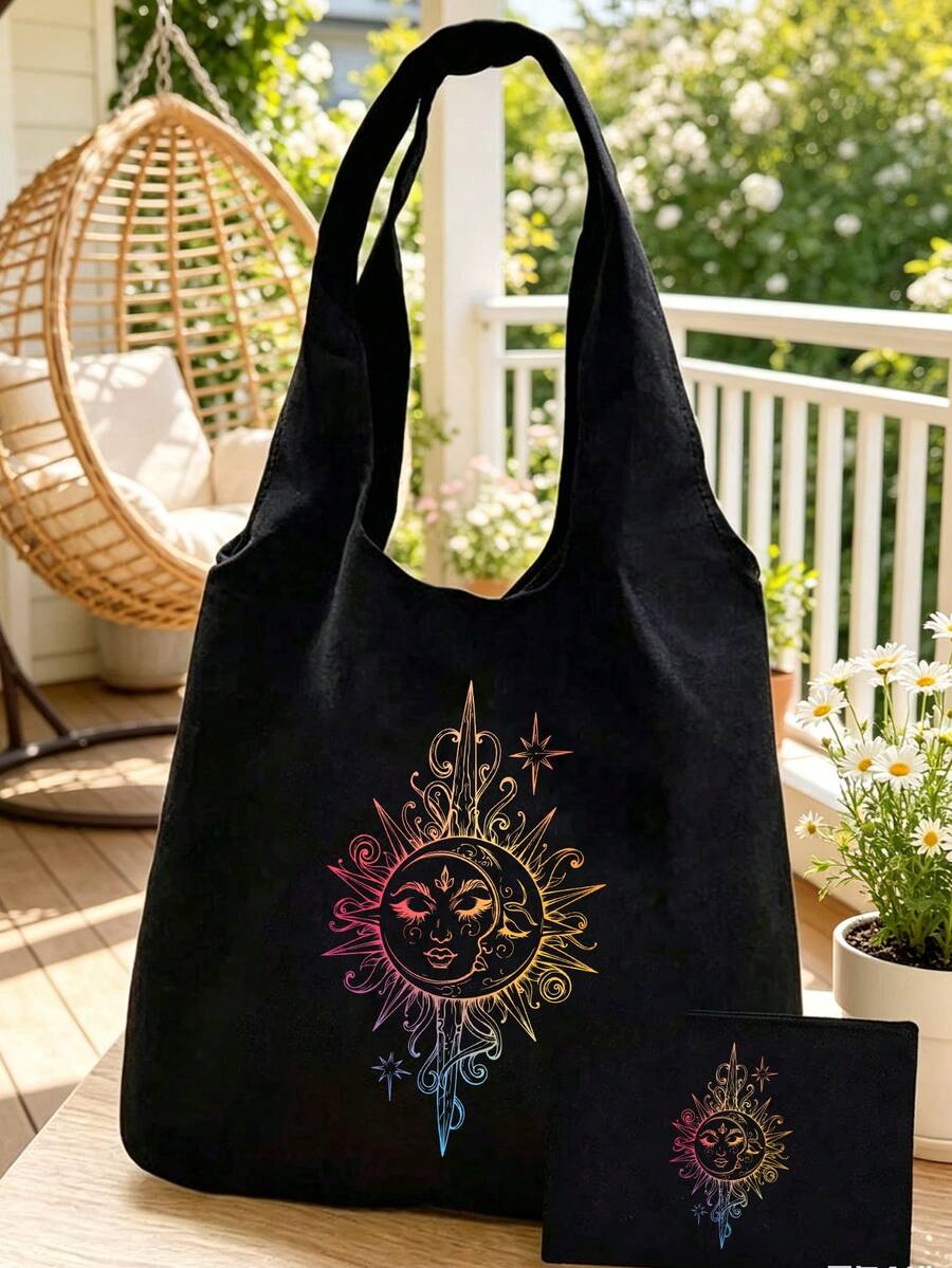 Bohemian Style Gradient Sun And Moon Pattern Tote Bag, Minimalist Large Capacity Shoulder Bag, Comes With Portable Makeup Bag. Casual Storage Bag, Multifunctional Shopping Bag, Personalized Gift Bag